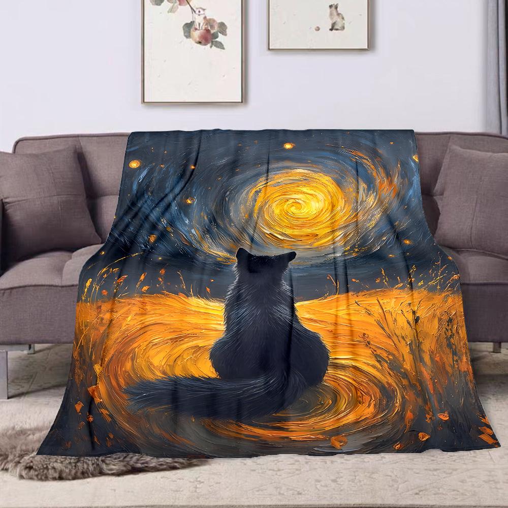 1PC Black cat gazes at vortex Print Adult Children Warm Blankets Home Travel Car Soft and Comfortable Suitable for all seasons