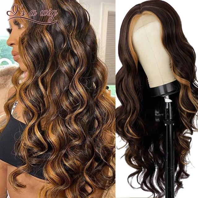 Long Body Wave Ginger Orange Wigs Synthetic Lace Wigs for Women Highlight Black Brown Middle Part Wig Cosplay Hair