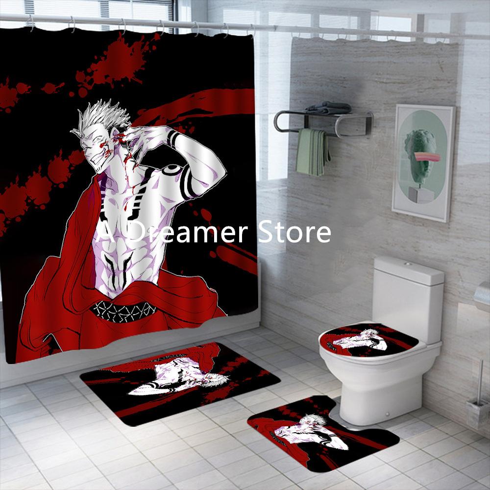 New Anime Jujutsu Kaisen Shower Curtain Set 4Piece Waterproof Polyester Bathroom Curtains For Adults Boys Decor Bath Mats Rugs