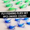 9 ШТ.-С Коробкой-(Зеленый+Синий+Розово-красный) Сухие мушки-подёнки смешанных цветов для ловли форели, сухие мушки, мушки-нимфы, наживка