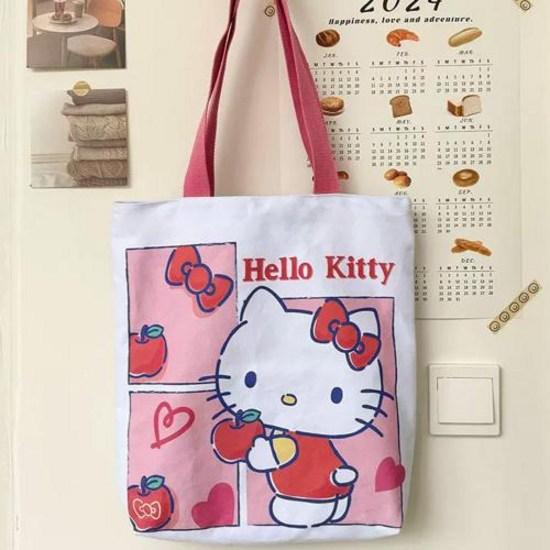 Sanrio Genuine Cute Kitty Red Ribbon Ample Storage Square Canvas Zipper Eco Shoulder Bag, a Popular Character In Korea
