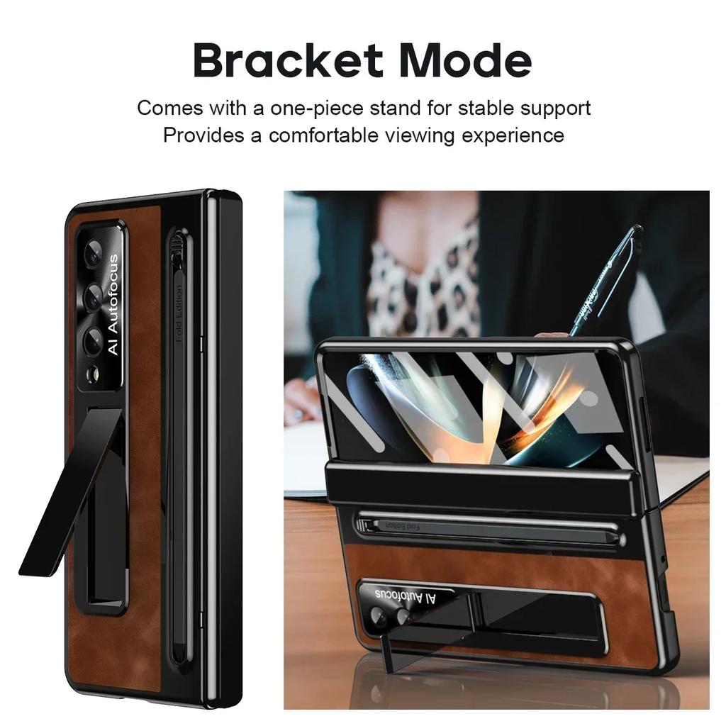 Luxury Leather Bracket Pen Slot with Stylus Case for Samsung Galaxy Z Fold 6 5 4 Retro Style Count Hinge Seismic Protect Cover