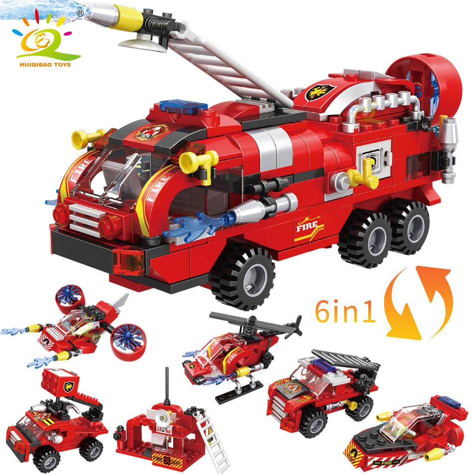 HUIQIBAO 387pcs 6in1 Fire Fighting Trucks Building Blocks City Rescue Helicopter Bricks 6 Fireman Toys For Children Kids Gift