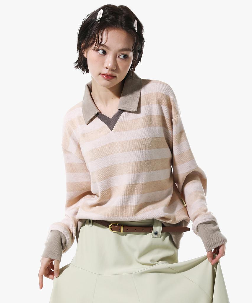 PEACE MAKER Stripe V Neck Collar Knit (Beige)