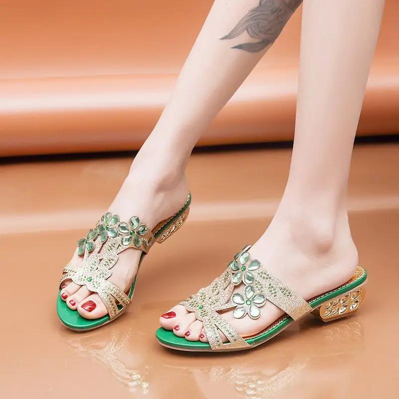 Fashion Rhinestone Women's Slippers and Ladies Sandals Low Heel Korea Style Pvc Vip Shoes Chic Elegant Price Slides On Promotion Unique