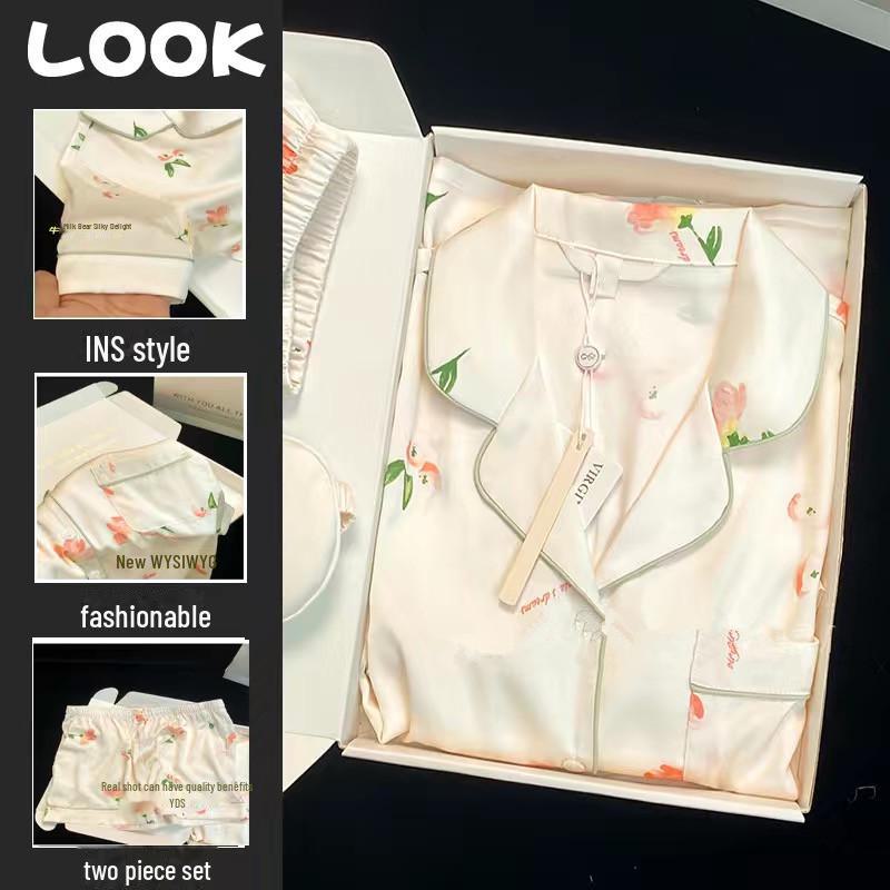 2024 Women's Short Sleeve Ice Silk Pajamas - Summer Thin Loose Fit Homewear Suit