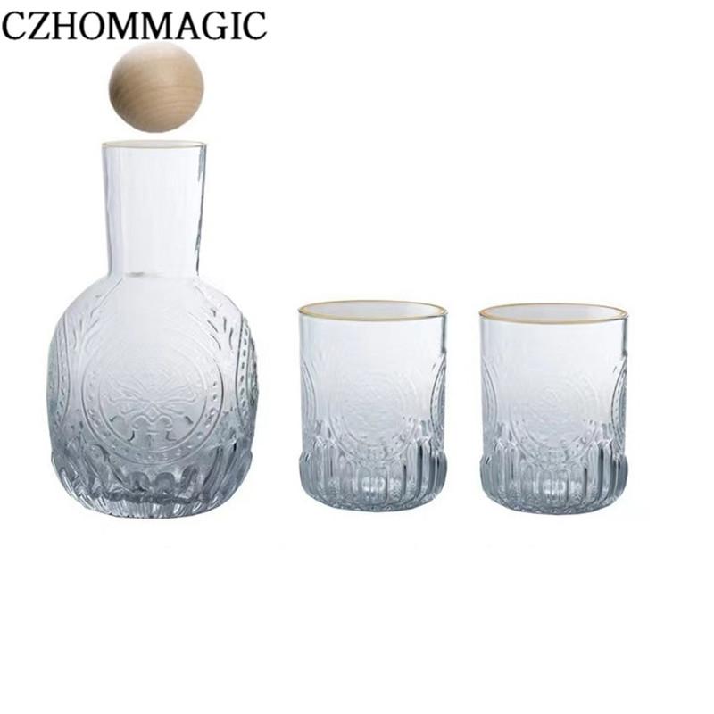 880ml Bedside Water Carafe Glass Cup Drinkware Set Vintage Transparent Cold Water Cup&Bottle for Pitcher Nightstand Bedroom Gift
