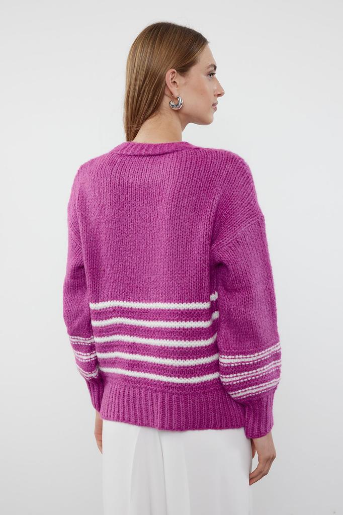 Women's Elegance Style Cardigan Black Soft Textured Striped Knitwear Cardigan