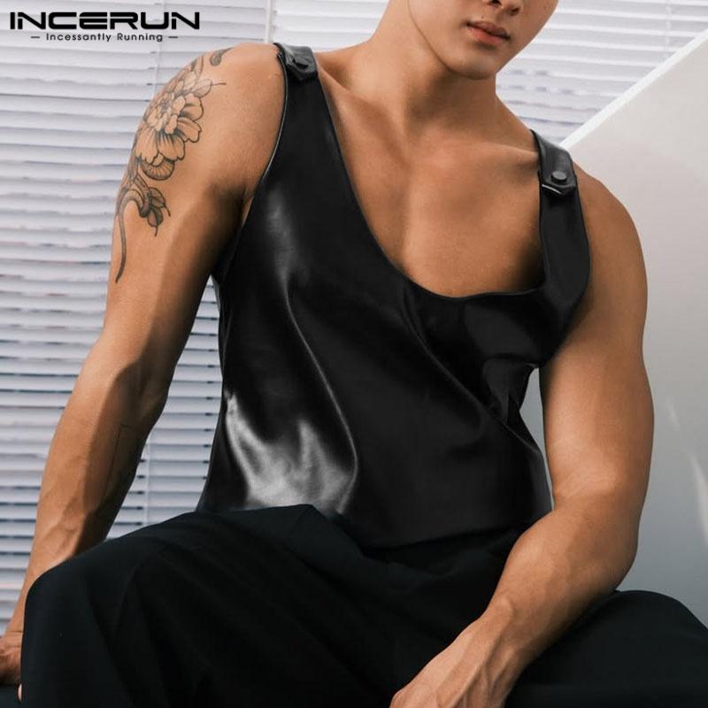 INCERUN Мужская футболка с глубоким вырезом без рукавов из искусственной кожи, свободная, повседневная