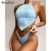 High Neck Cross Back High Cut Ribbed Bikini Women Swimwear Female Swimsuit Two-pieces Bikini Set Bather Bathing Suit Swim