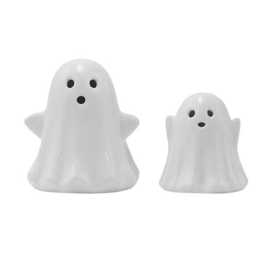 2 Pcs Ceramic Ghost Figurine Light-Up White Ghost Statue Small LED Ghost Halloween Tabletop Sculptures for Indoor Table Tray Shelf Bedroom Decor
