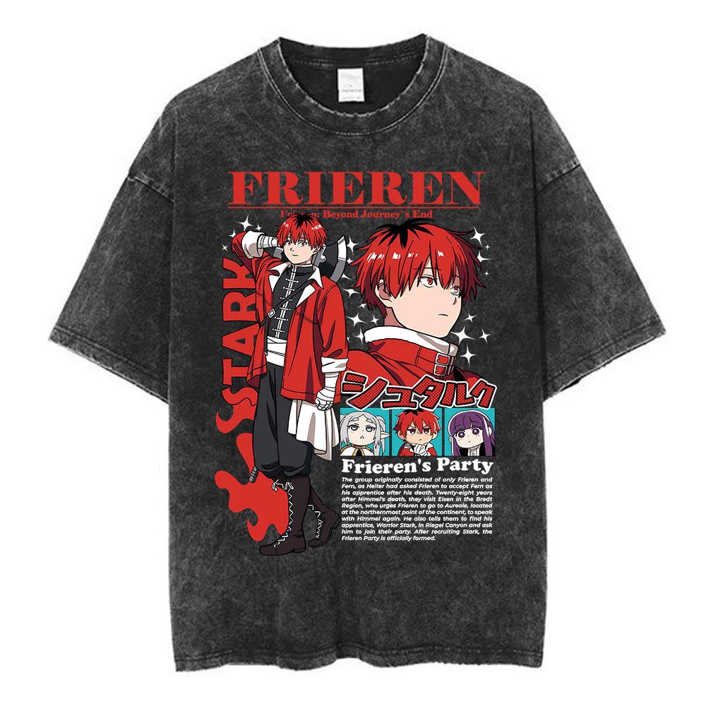 Anime Frieren Beyond Journeys End Frieren Washed Vintage Tshirt Men Women Fashion Manga Tshirts High Quality Cotton T Shirts
