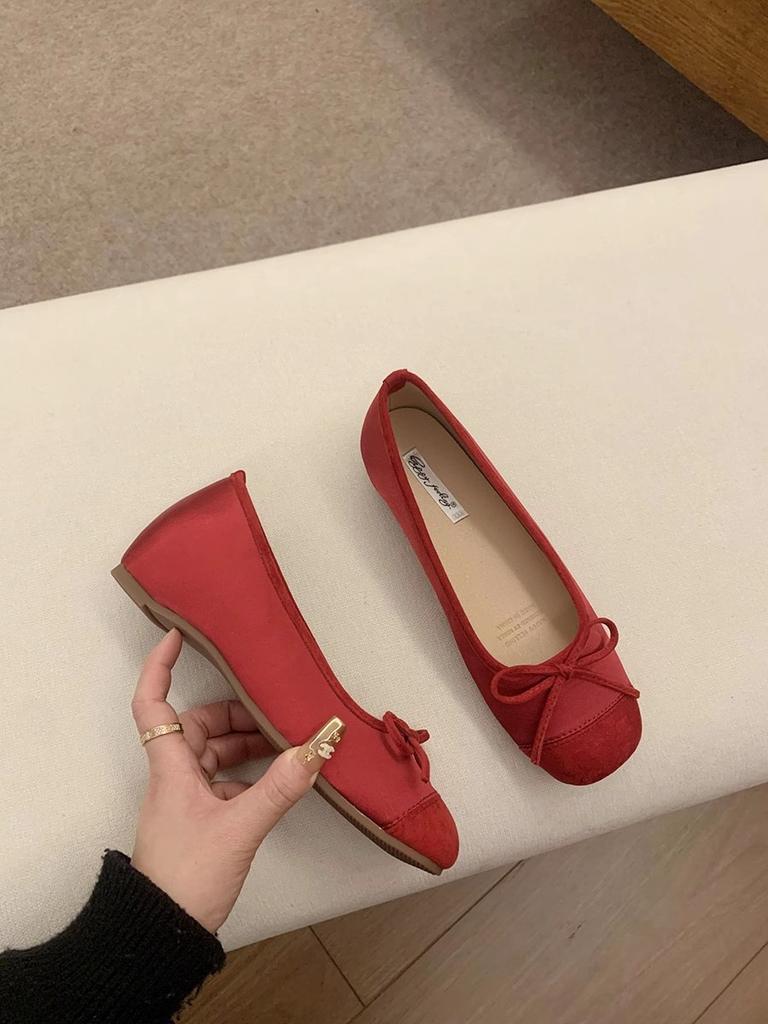 Французские ретро-туфли на мягкой подошве, серебристые женские туфли, осенние туфли, вечерние туфли с бантом, красные балетки