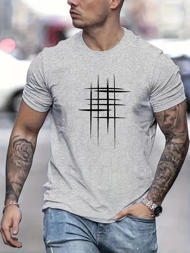 Summer Men's 100% Polyester Casual Loose Size Graphic Line Printed Neck Short-sleeved T-shirt Top