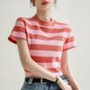 Round Neck Short-sleeved Cotton T-shirt for Women 2024 Spring and Summer New Striped Contrast Color Niche Top