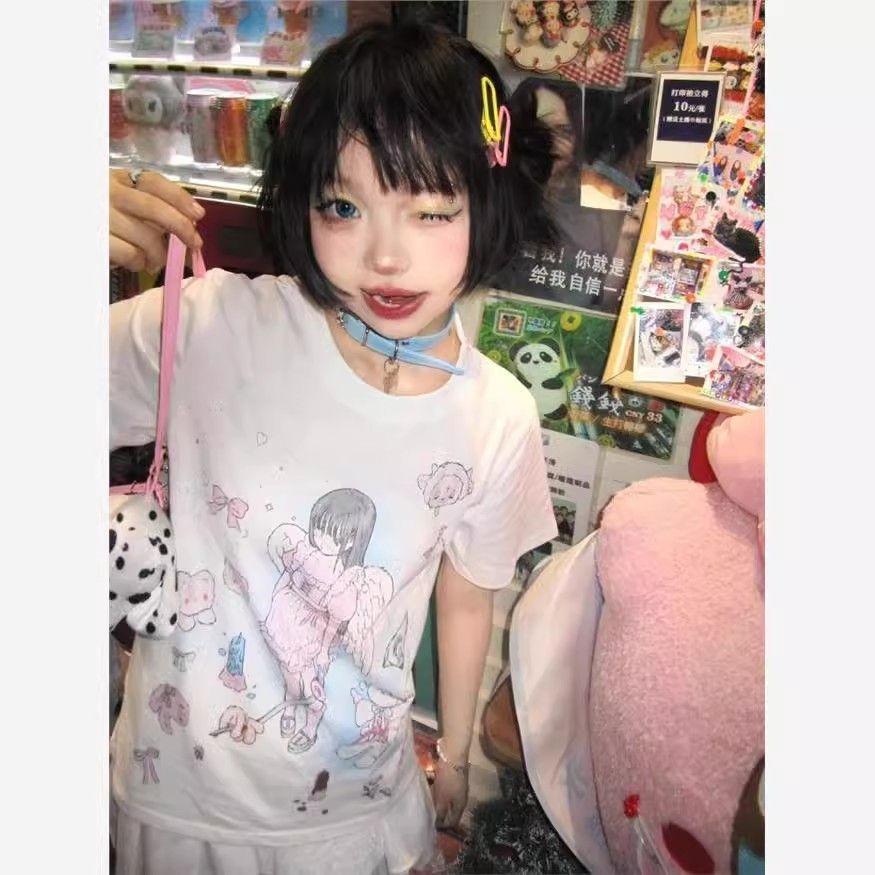 Kawaii Sweet Streetwear Футболки женские японские модные Y2k Графический принт ангела O-образный вырез Свободные футболки Топы Мягкие летние для девочек