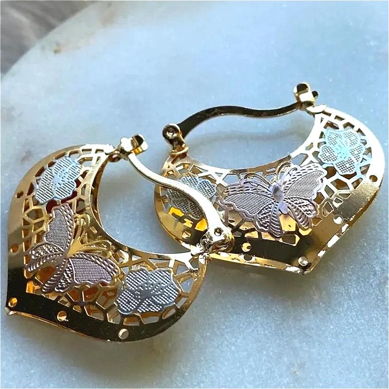 Изысканные серьги-кольца с полыми бабочками ручной резьбы с золотым покрытием для женщин, винтажные банкетные свадебные ювелирные аксессуары