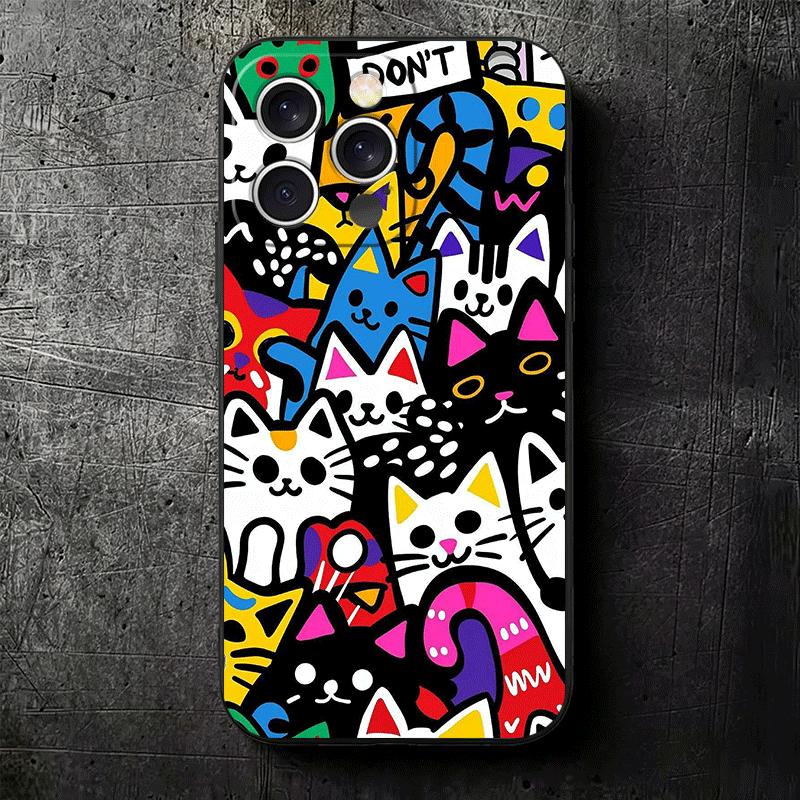 Мультяшные Милые Кошки Тема Мягкий Чехол для Телефона для iPhone 16 16E 17 Air 15 Pro Max 14 Plus 13 Mini 11 12 7 Черный Чехол Задняя Панель
