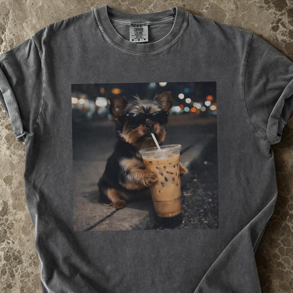 Cute Yorkie Iced Coffee Shirt Retro Dog Meme Tee Summer Graphic Top Gift for Yorkie Moms Dads and Dog Lovers