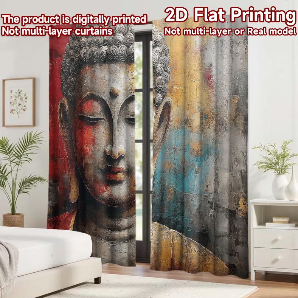 2D flat printing 2pcs Curtain Party Window Curtains Buddha with Colorful Background Digital Printed Polyester Drapes Festive
