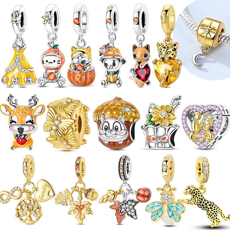 New In Charms Copper Maple Leaves Yellow Pendant Beads Jewelry Fit Pan Original Bracelet Diy For Women Gift