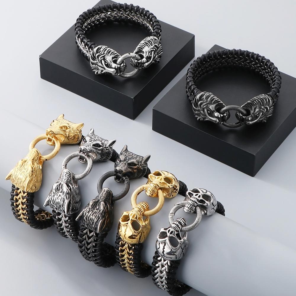 Готические мужские браслеты с изображением льва, волка, черепа, головы, кожа и черный/золотой цвет, нержавеющая сталь, мужской браслет на запястье, ювелирные изделия, аксессуары