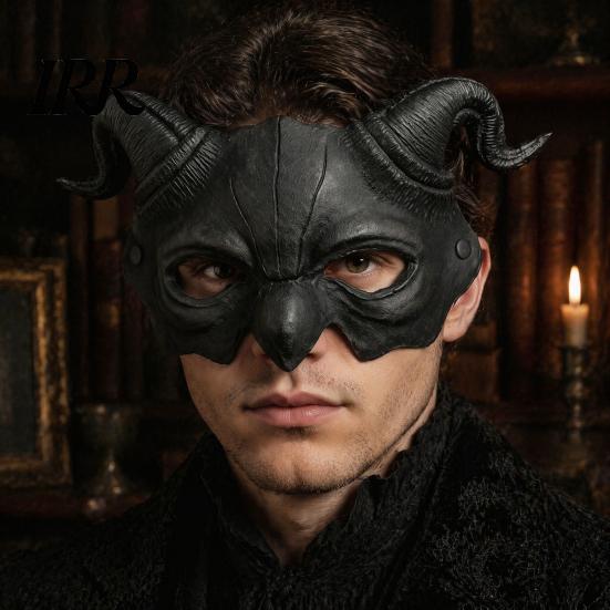 Gothic Cosplay Mask Halloween Ram Horn Demon Mask, Horror Devil Half Face Lightweight Masquerade for Costume Party Vintage
