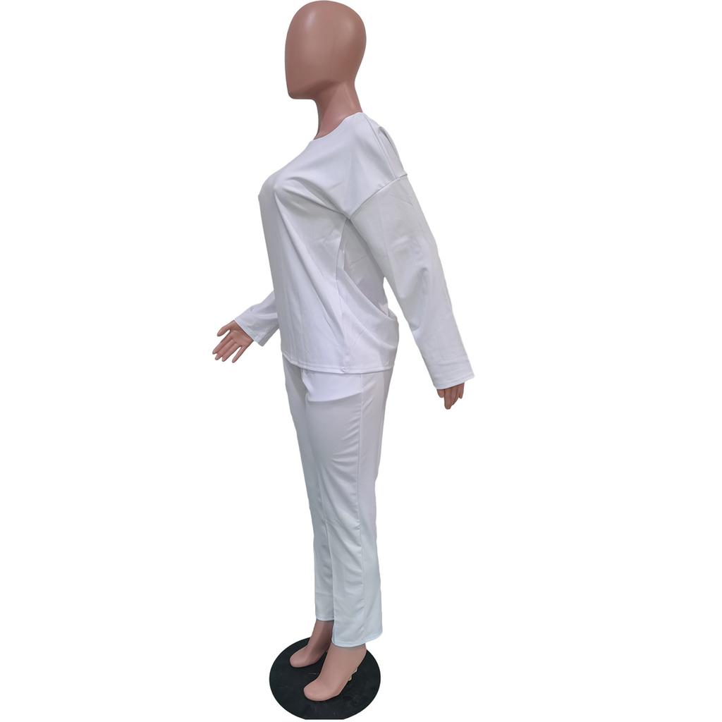 Женский комплект из двух предметов из плотной ткани Весна-Осень, Свободный топ с круглым вырезом и удобные брюки, Повседневный однотонный костюм для ежедневной носки