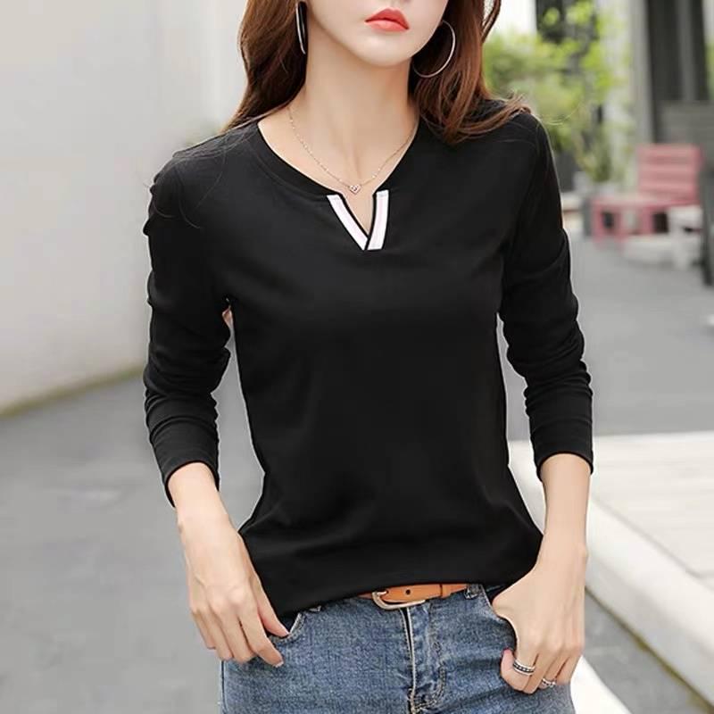 Women's Spring and Autumn Bottoming Shirt Solid Color Long-sleeved V-neck Pullover Tops