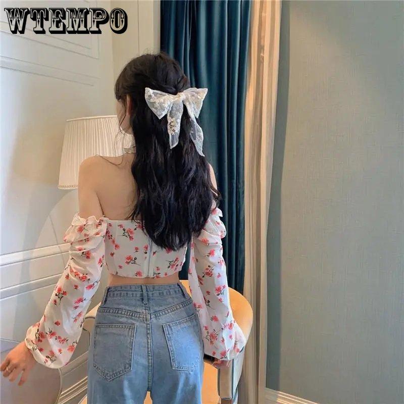 WTEMPO Y2K Floral Printed Blouses Women Tunic Chiffon Cropped Tops Spring Sweet Vintage Casual Holiday All-Match Girl's Shirts