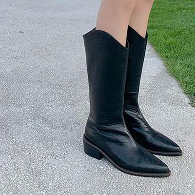 Кожаные осенне-зимние туфли с принтом из натуральной кожи, сапоги для верховой езды на толстом среднем каблуке, женские сапоги до бедра