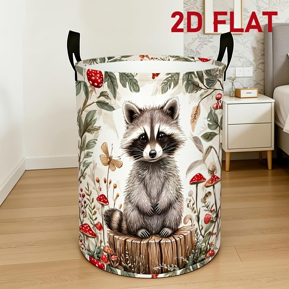 1pc, 2D Flat Printed Dirty Clothes Basket, Circular Laundry Basket with Forest Raccoon Illustration Pattern, Realistic And Cute Pet Design, Foldable S