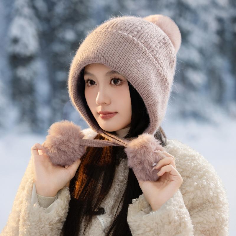 Premium Hairball Knitted Hat Winter Hat Women's Plush Versatile Wool Hat Rabbit Hair Ear Protector Warm Hat