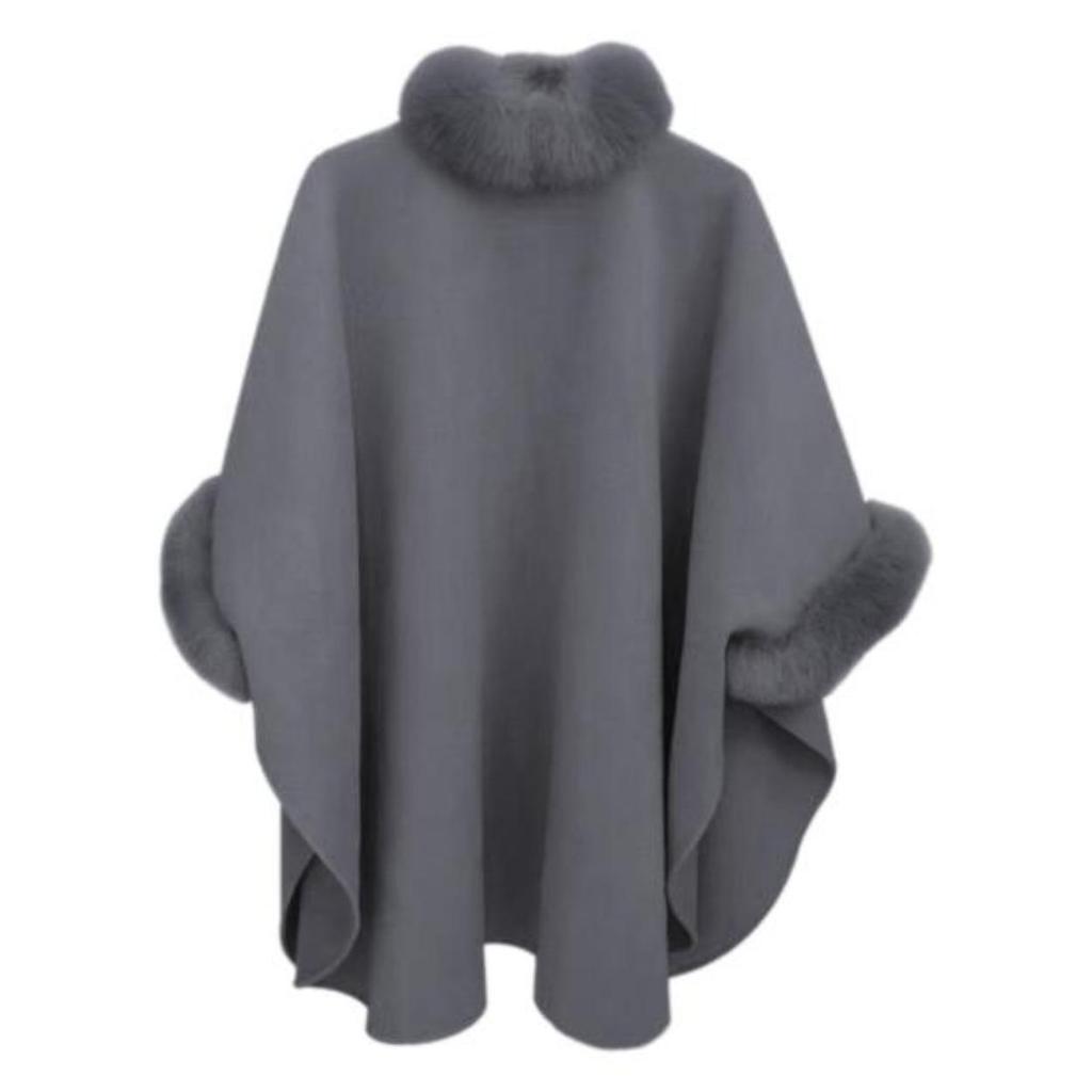 Женское зимнее пальто-накидка с рукавами «летучая мышь» Толстая шаль Свободный воротник-стойка Однотонный декор из искусственного меха Теплая повседневная одежда для работы и отдыха на открытом воздухе Пончо