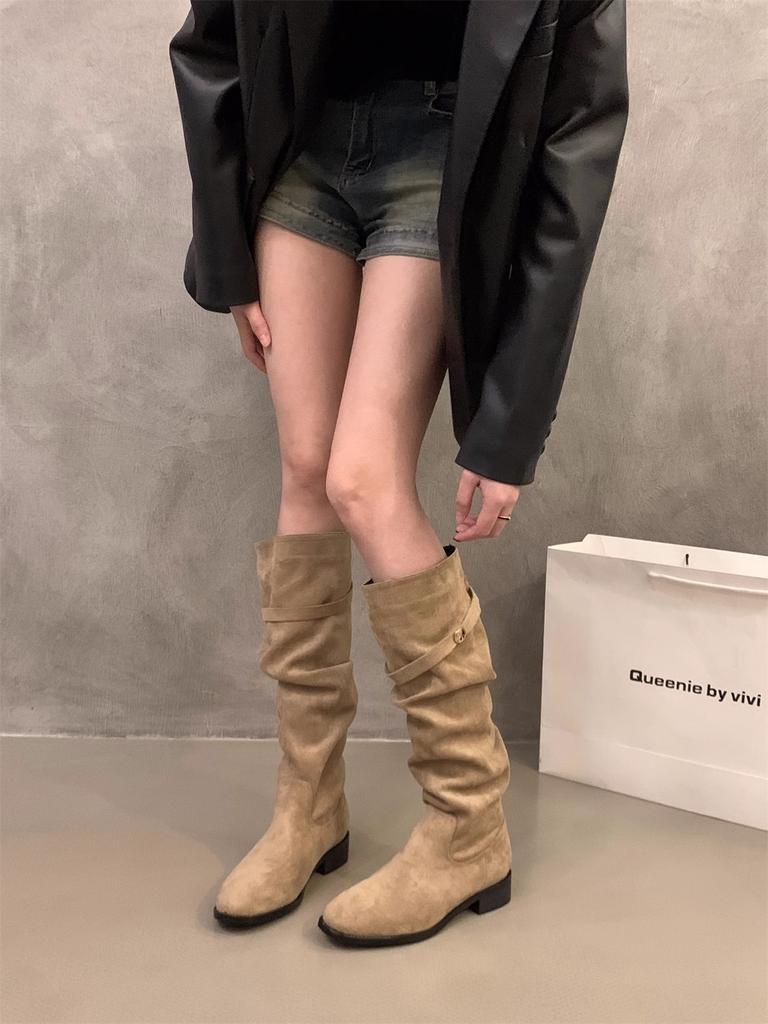 French Thick Heel Apricot Suede Piled Boots Women's 2025 New Autumn Versatile Thin Long Boots Do Not Drop the Tube