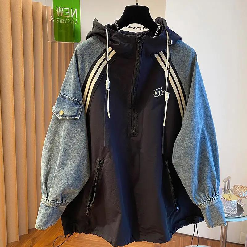 Толстовки больших размеров для женщин, лоскутное деним, уличная одежда, топы Y2k, Ropa Mujer, с капюшоном, контрастные цвета, винтажные толстовки