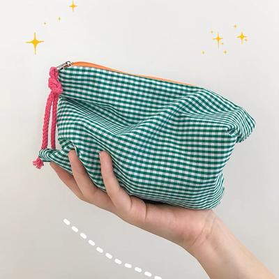 Портативная сумка для хранения большой емкости, модная женская и девичья клетчатая косметичка из хлопка и льна с простым мешочком на молнии