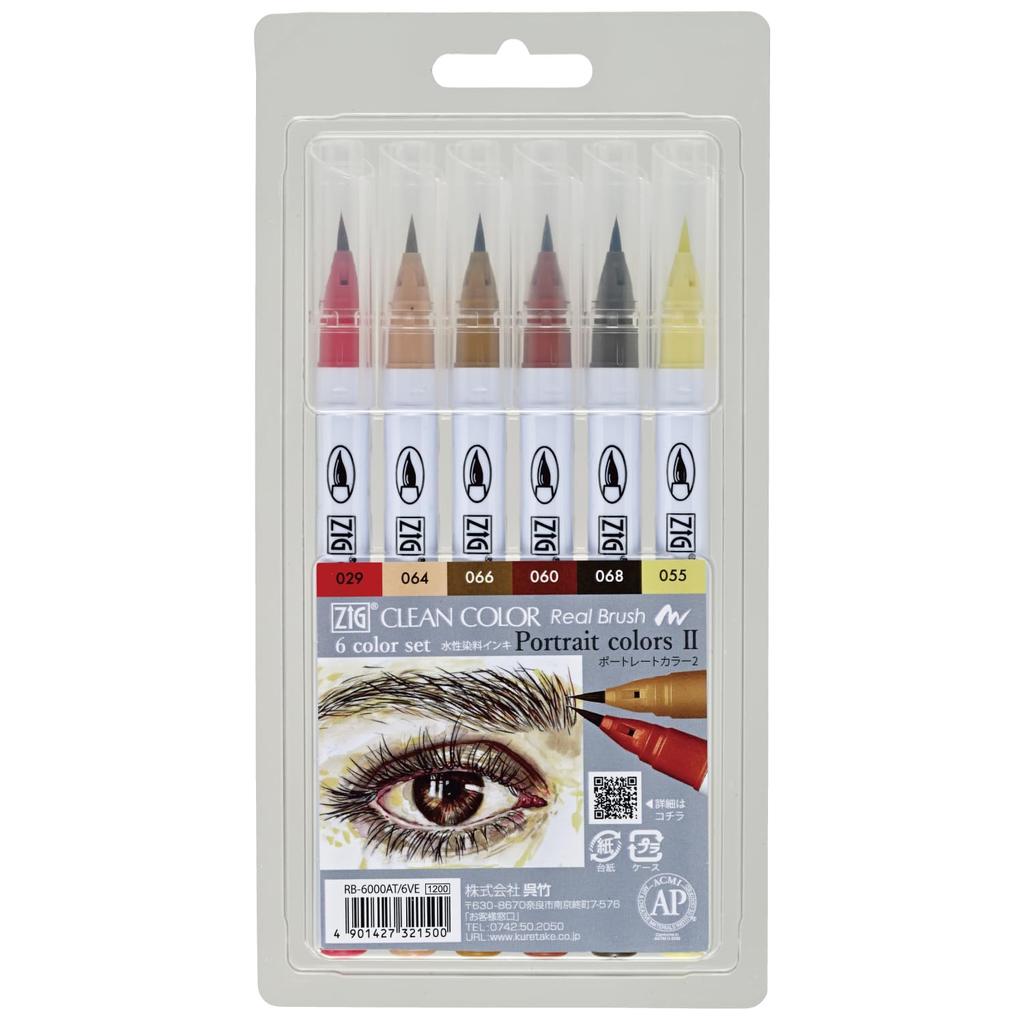 Kuretake Color Brush Pen ZIG Clean Color Real Brush 6 Portrait Colors Set RB-6000AT/6VE