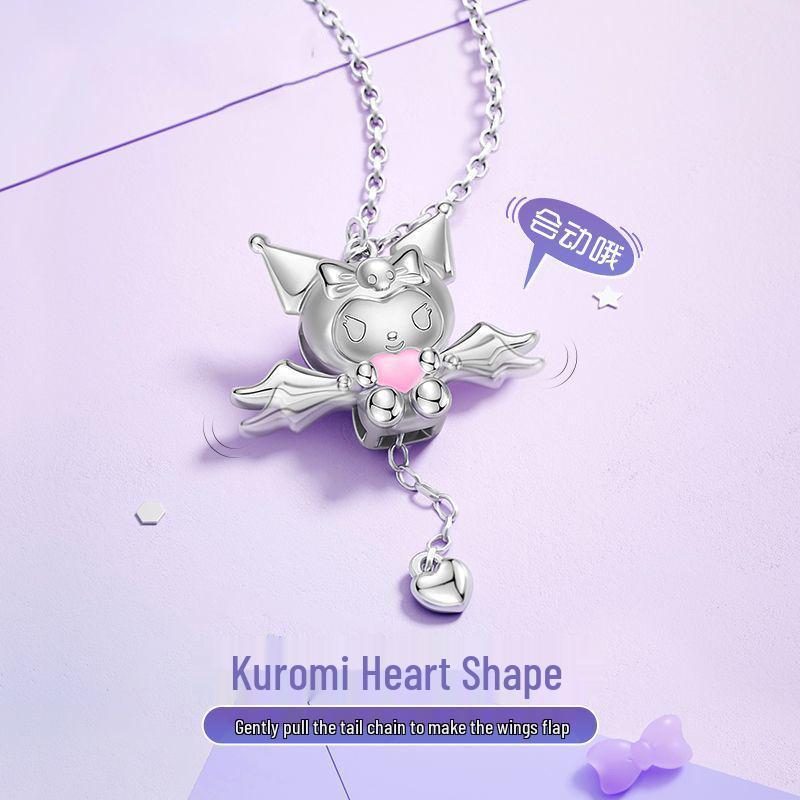 Серебряное ожерелье Sanrio Kuromi 'Сердце Амура' - Милый мультяшный подарок для женщин и подруг