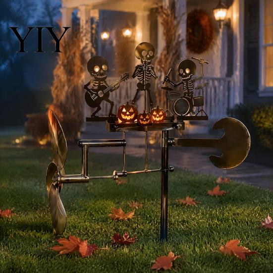 Metal Garden Art Halloween Skeleton Rock Trio Wind Spinner, Handmade Kinetic Sculpture Heavy Duty Stake for Outdoor Yard Lawn Decor, Unique