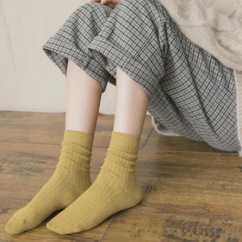 Women's Retro Forest Style Cotton Mid-Tube Socks - Versatile Solid Color for Autumn & Winter, Japanese-Style Long Pile Socks