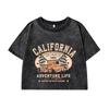 Women's Cotton Crop Tops Trend O-Neck Distressed Washed T-Shirts California Los Angeles Printing Street Clothes