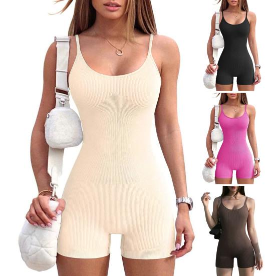 Женский комбинезон без рукавов с открытой спиной на тонких бретельках, облегающий эластичный быстросохнущий комбинезон длиной выше колена, однотонная женская одежда