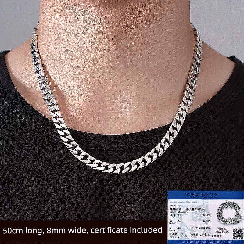 Sterling Silver S925 Cuban Necklace European and American Style Men's Fashion Versatile Unisex Trendy Personality Hip-Hop Chunky Bold Chain