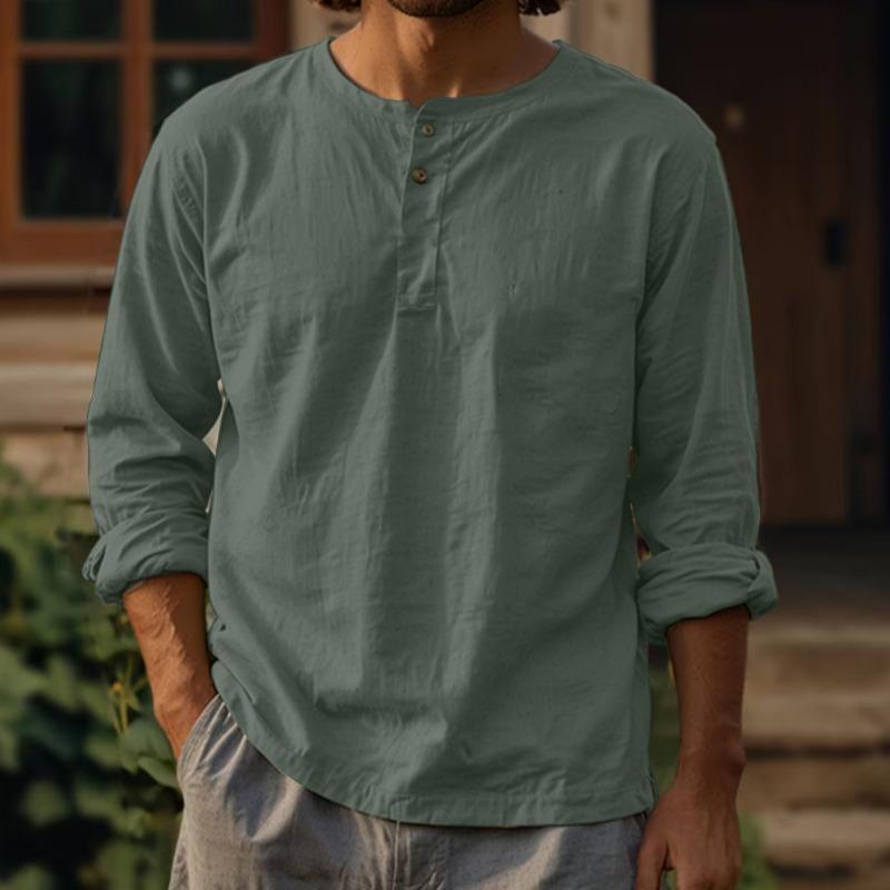 Мужская новая хлопково-льняная однотонная рубашка с длинным рукавом, футболка, круглый вырез, перекрестная застежка на пуговицы, две пуговицы, лен