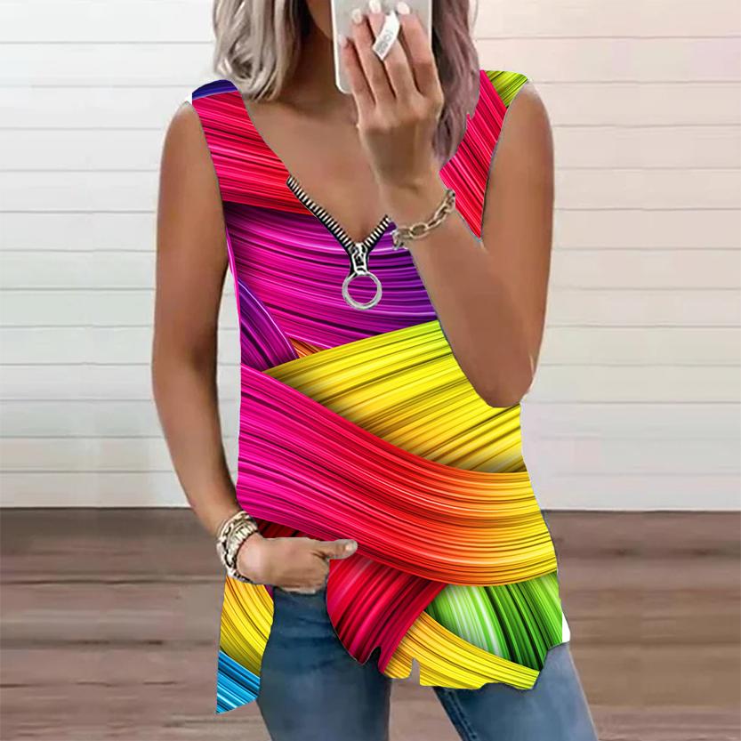 Женский топ, летняя новая мода, разноцветный повседневный топ с цветочным принтом, большие размеры, без рукавов, на молнии, с v-образным вырезом, майка