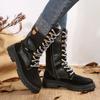 New Mid Calf Modern Boots for Women Winter Round Toe Knitted Leather Pacthwork Gothic Shoes Lace Up Side Zip Non-Slip Boot Botas
