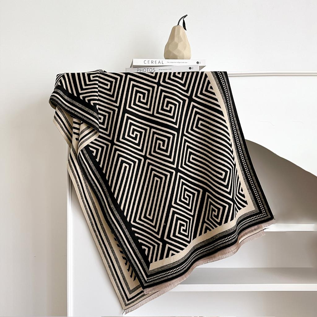 Роскошный шарф с геометрическим принтом для женщин, теплый зимний пашмина, двусторонние шарфы, шали, женский толстый плед, накидки, фуляр