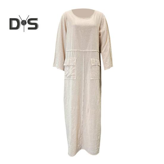 Женское платье с длинными рукавами, свободное однотонное длинное платье с карманами, ретро-стиль, платье трапециевидной формы с круглым вырезом для офиса, повседневной жизни, пляжной вечеринки