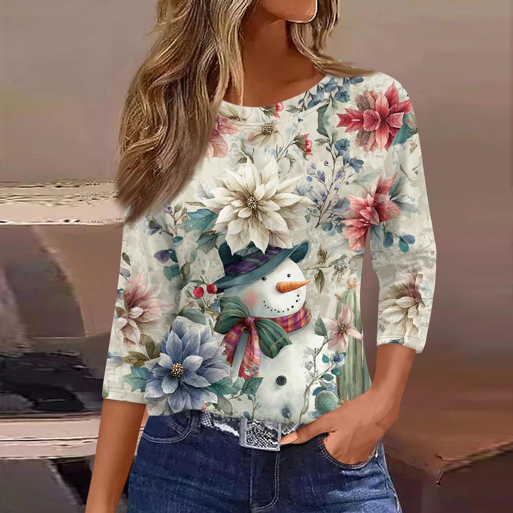 3/4 Length Sleeve Womens Tops Floral Print Vintage Fashion Casual Loose With Round Neck Plus Size Shirts